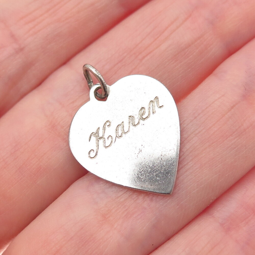 WELLS 925 Sterling Silver Vintage Engraved Karen Heart Mini Charm Pendant